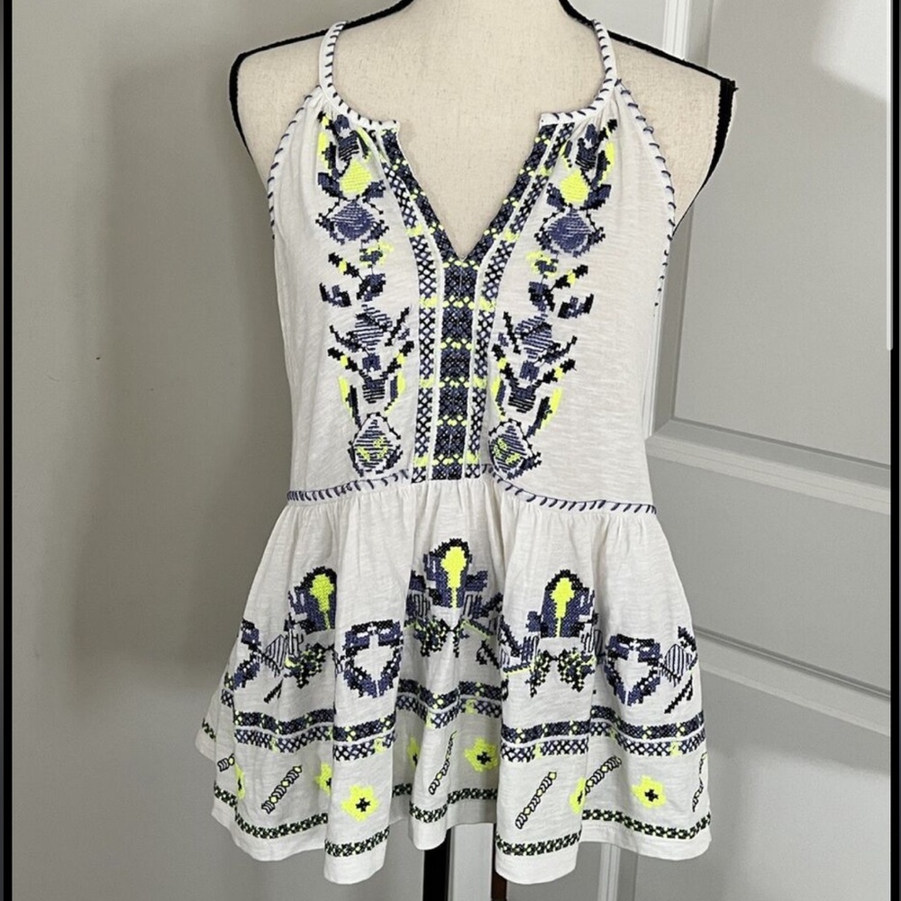 Anthropologie Maeve Neela Embroidered Tank Top L White Blue Knit Pullover